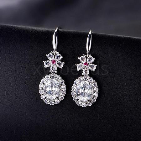 Brass Micro Pave Cubic Zirconia Flower with Oval Dangle Earrings for Women GA8760-3-1