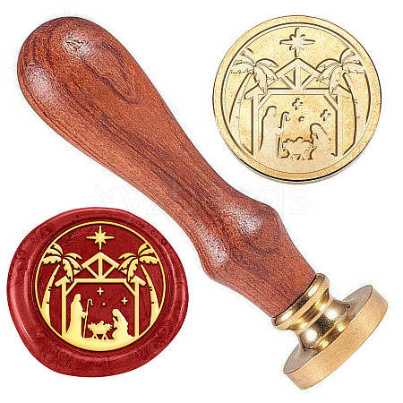 Religion Golden Tone Brass Wax Seal Stamp Head with Wooden Handle AJEW-WH0208-827-1