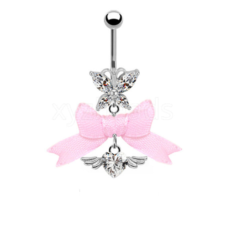 304 Stainless Steel Pave Cubic Zirconia with Cloth Bowknot Butterfly Dangle Belly Rings FS-WG03D58-10-1