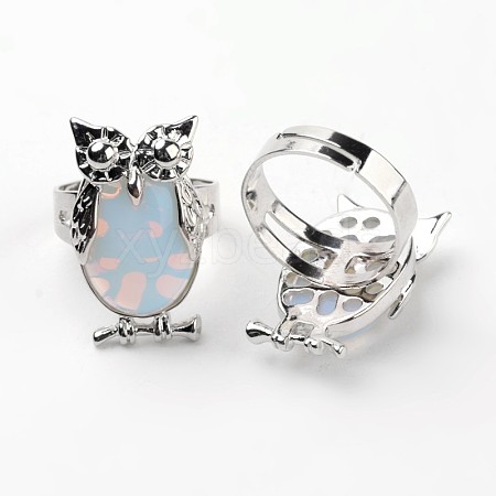 Owl Brass Opalite Finger Rings RJEW-L074-03-1