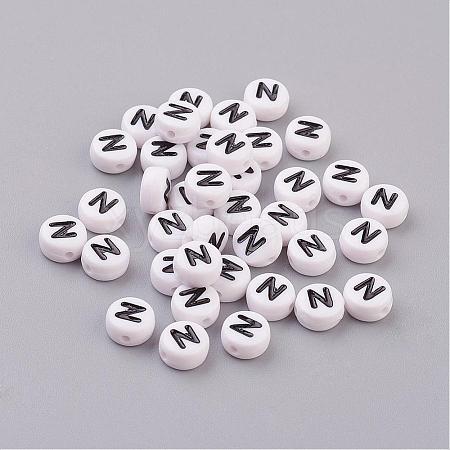 Flat Round with Letter N Acrylic Beads X-PL37C9070-N-1
