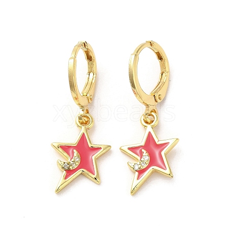Star & Moon Real 18K Gold Plated Brass Dangle Leverback Earrings EJEW-L268-032G-02-1