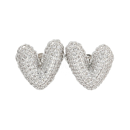 Heart Brass Pave Clear Cubic Zirconia Stud Earrings EJEW-M258-82P-1
