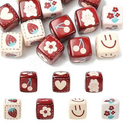14Pcs 7 Styles Opaque Printed Acrylic Beads MACR-YW0004-13-1