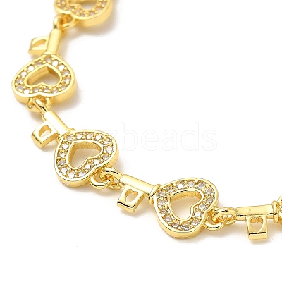 Clear Cubic Zirconia Hollow Heart Key Link Chain Bracelet BJEW-A132-14G-1
