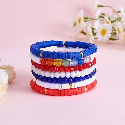 7Pcs 7 Style Handmade Polymer Clay Heishi Surfer Stretch Bracelets Set BJEW-SW00075-1