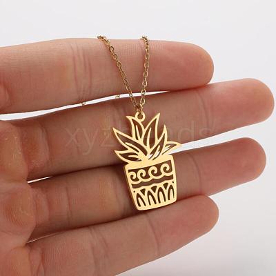 304 Stainless Steel Cutout Potted Plant Pendant Necklaces for Women WGA529A-07-1