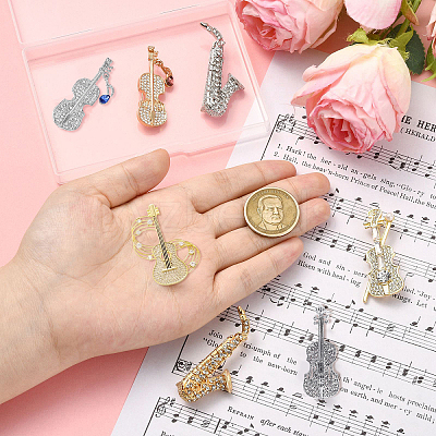7Pcs 7 Styles Musical Instruments Alloy Rhinestone Lapel Pin Backs for Backpack Clothes JEWB-CJ0001-91-1