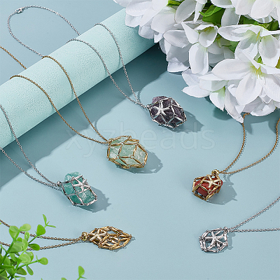 6Pcs 6 Styles 304 Stainless Steel Starfish Empty Macrame Pouch Pendant Necklace Making NJEW-AR00003-1