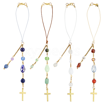 4Pcs 4 Colors Cross Zinc Alloy & Resin & Dyed Natural Gemstone Car Rearview Mirror Pendant Decorations HJEW-PH0002-03-1