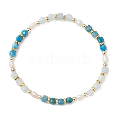 Natural Aquamarine & Natural Apatite  Cube Beaded Stretch Bracelets for Women BJEW-JB13390-02-1