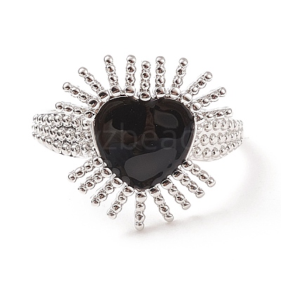 Black Cubic Zirconia Heart Sun Adjustable Ring RJEW-C028-03P-1