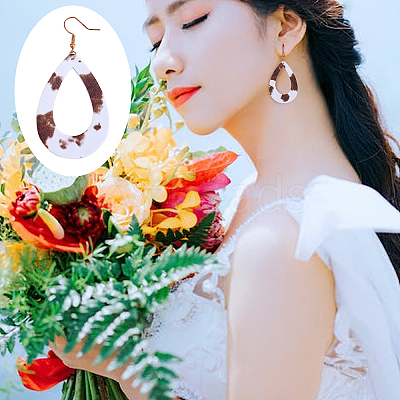 Cow Print Imitation Leather Teardrop Pendant Necklace & Dangle Earrings & Multi-Strand Bracelet JX529J-1