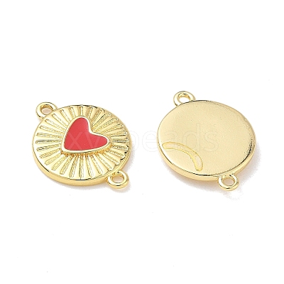 Brass Enamel Flat Round with Heart Links Connector Charms KK-L256-48C-G-1