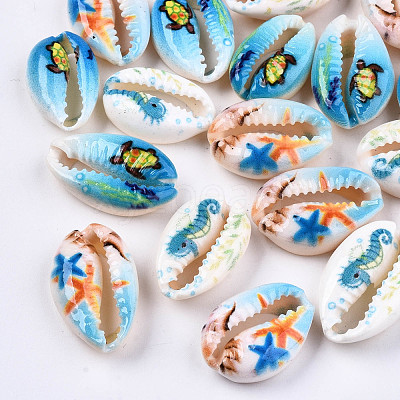 Printed Natural Cowrie Shell Beads X-SHEL-S266-21-1