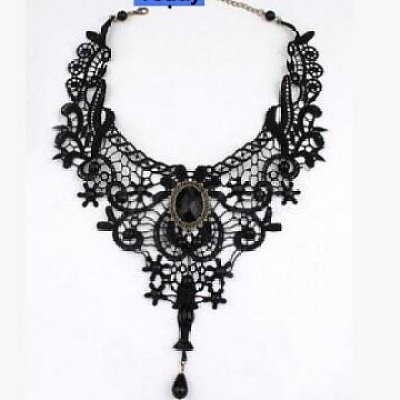 Gothic Alloy Glass Lace Heart Statement Bib Choker Necklaces for Women FS-WGE10D6-01-1
