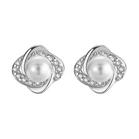 Silver Stud Earrings with Zirconia and Imitation Pearl OU5648-1