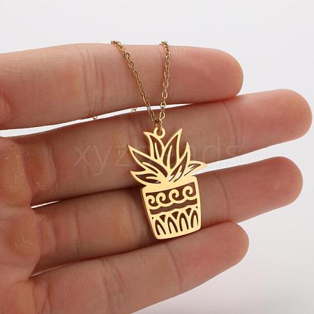 304 Stainless Steel Cutout Potted Plant Pendant Necklaces for Women WGA529A-07-1