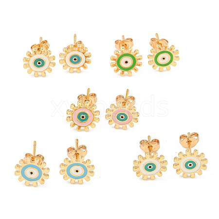 Sun with Evil Eye Real 18K Gold Plated Brass Stud Earrings EJEW-L269-056G-1