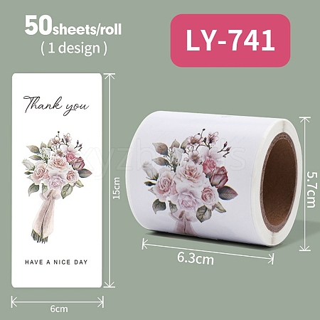 50Pcs Rectangle with Flower Thank You Paper Self-Adhesive Stickers AJEW-S084-01H-1