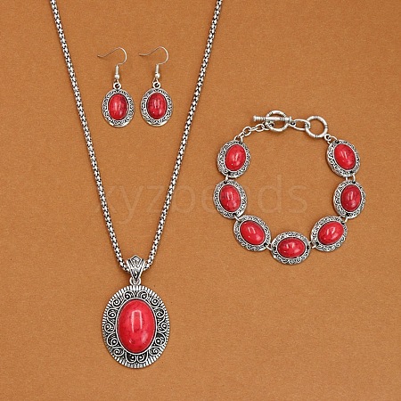 Oval Alloy with Synthetic Turquoise Pendant Necklaces & Dangle Earrings & Link Bracelets Sets WGD1135-07-1