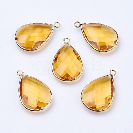 Golden Tone Brass Glass Teardrop Pendants X-GLAA-M006-A-20G-1