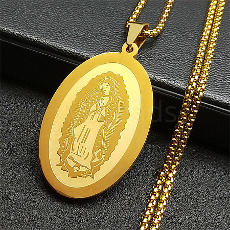 304 Stainless Steel Oval with Virgin Mary Pendant Necklaces NJEW-S007-02G-1