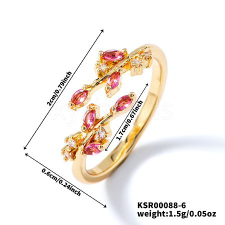 Exquisite Brass Cubic Zirconia Willow Leaf Cuff Rings for Women UN6923-6-1