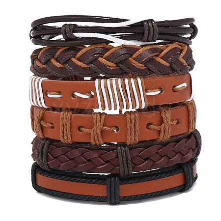 6Pcs 6 Style Adjustable Braided Imitation Leather Cord Bracelet Set with Waxed Cord for Men BJEW-F458-10-1