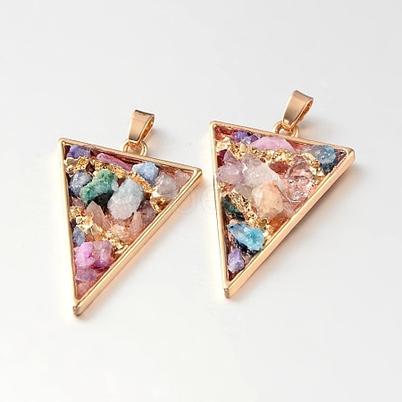 Dyed Triangle Golden Tone Brass Natural Crystal Pendants G-M245-01-1