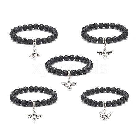 Natural Lava Rock Round Beaded Stretch Bracelet with Alloy Fairy Charm BJEW-JB08884-1