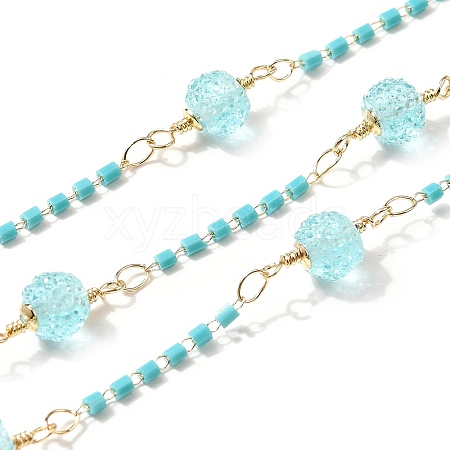 Brass Hexagonal Column Glass Seaded Beaded & Resin Round Beaded Link Chains CHC-G026-01A-1