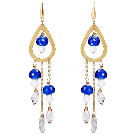 Natural Quartz Crystal Teardrop & Lampwork Mushroom Chandelier Earrings EJEW-SW00018-01-1