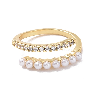 Clear Cubic Zirconia Open Cuff Ring with Acrylic Pearl Beaded RJEW-P032-15G-1