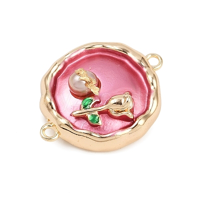 Brass Enamel & Natural Pearl Flat Round with Flower Connector Charms KK-K351-50G-01-1