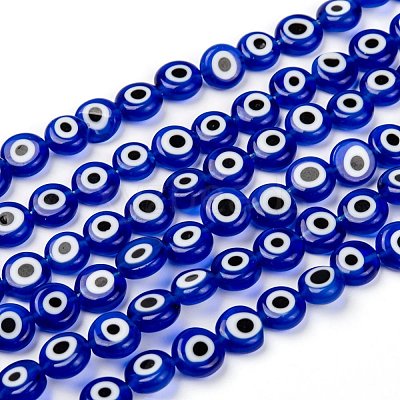 Handmade Evil Eye Lampwork Flat Round Bead Strands X-LAMP-L058-8mm-04-1