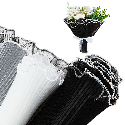 2Pcs 2 Colors Polyester Pleated Ribbon with Plastic Imitation Pearl Edged Trimming OCOR-BC0006-46-1