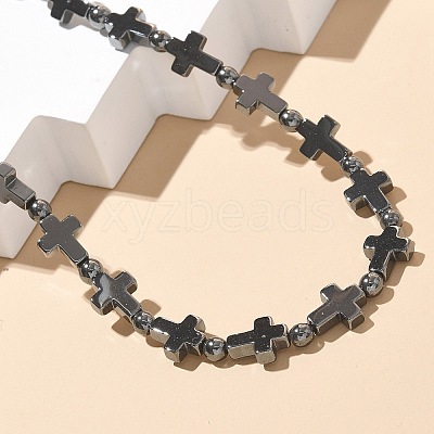 Round Cross Synthetic Non-Magnetic Hematite Beaded Necklaces NJEW-R020-03-1