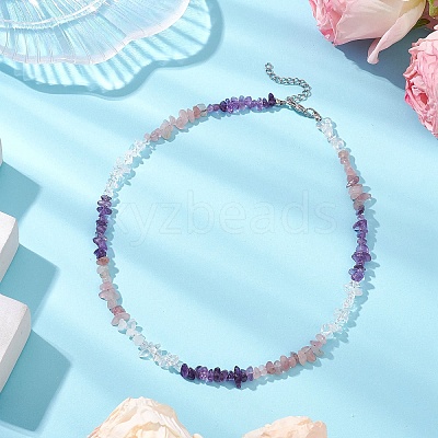 Natural Rose Quartz & Quartz Crystal & Amethyst & Howlite & Apatite & Carnelian & Citrine & Tiger Eye & Green Aventurine Chip Beaded Necklaces NJEW-JN05099-1