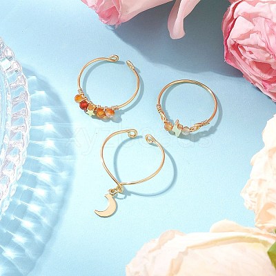 3Pcs Copper Wire Wrapped Gemstone Faceted Round Bead Finger Rings for Women RJEW-JR00887-1