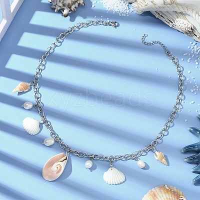 Natural Cultured Freshwater Pearl & Spiral Shell Bib Pendants X1-NJEW-TA00181-1