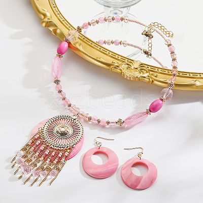 Bohemian Ethnic Style Alloy & Acrylic & Natural Shell Flat Round Tassel Pendant Necklaces & Dangle Earrings Sets FS-WGE5C82-01-1