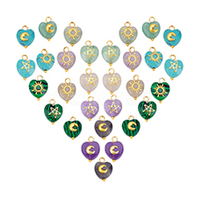 30Pcs 5 Styles Natural Amethyst & Grey Agate & Green Aventurine & Synthetic Malachite & Turquoise Faceted Hearted Charms with Brass Sun Star Moon Slices PALLOY-PHE00010-1