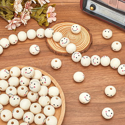 60Pcs Printed Natural Wood European Beads WOOD-GF0002-19B-1