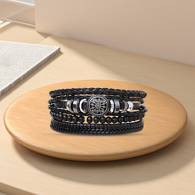 1Pc Cowhide & Imitation Leather Cord Knitted Multi-strand Bracelets AJEW-GF0011-50A-1