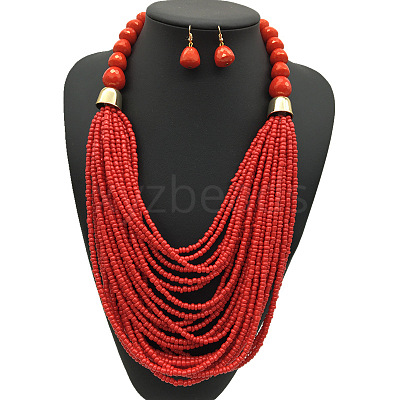 Bohemian Alloy & Resin & Glass Seed Beaded Multilayer Necklaces & Dangle Earrings FS-WG32A45-01-1