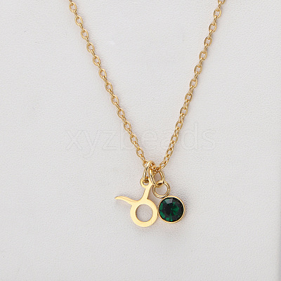 304 Stainless Steel Emerald Rhinestone Birth Stone Constellation Pendant Necklaces FS-WG76580-05-1