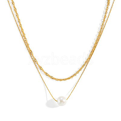 304 Stainless Steel Double Layer Necklaces with White Round Faux Pearl Pendants for Women KQ2558-1