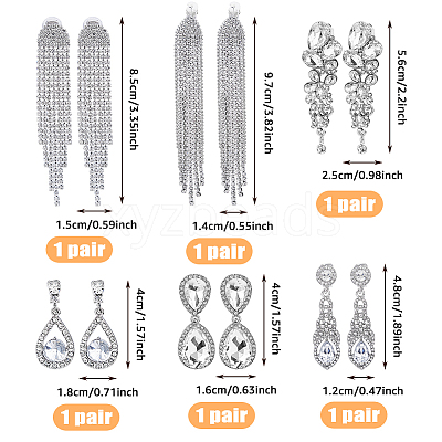 6 Pairs 6 Style Alloy Rhinestone Teardrop Dangle Clip-on Earrings EJEW-FI0002-91-1