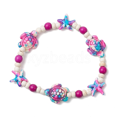 Starfish & Turtle Synthetic Turquoise Dyed Beads Stretch Bracelets for Women BJEW-JB11920-04-1